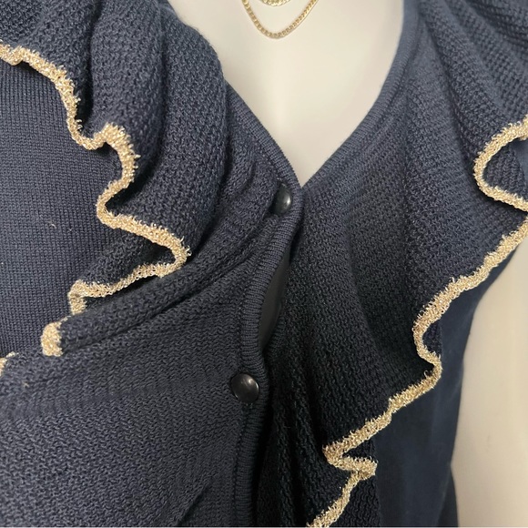 Chaps navy button up ruffle front top - Picture 5 of 8